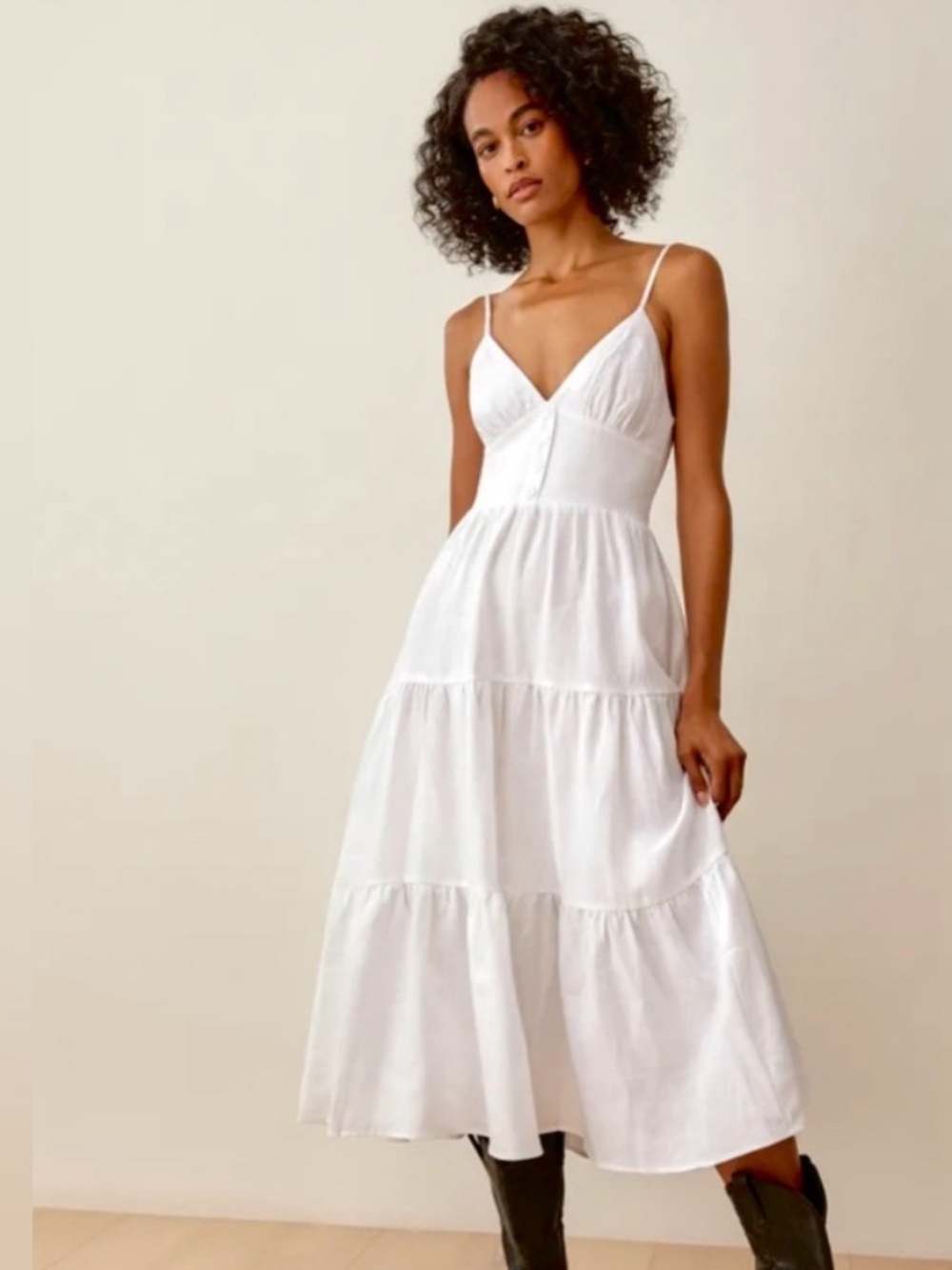Reformation White Tiered V-Neck Spaghetti-Strap Midi Dress - size 4
